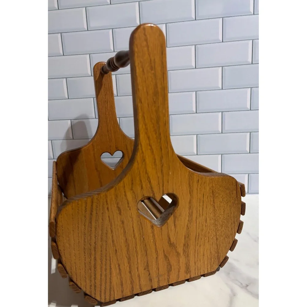 Vintage Oak Wood Slatted Basket Heart Cutouts Spindle Handle Farmhouse Cottage